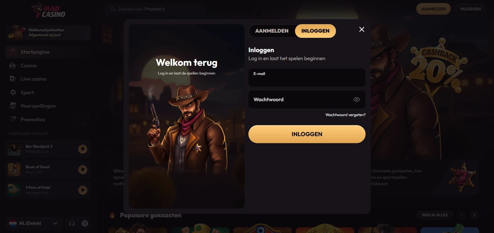 Inlogformulier van Mad Casino