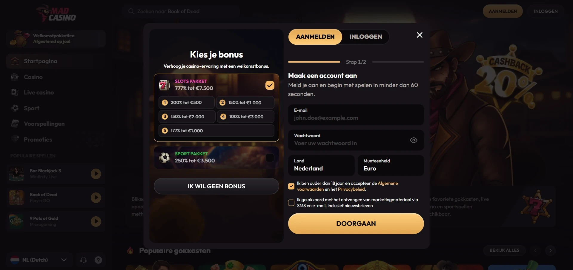 Registratieformulier van Mad Casino